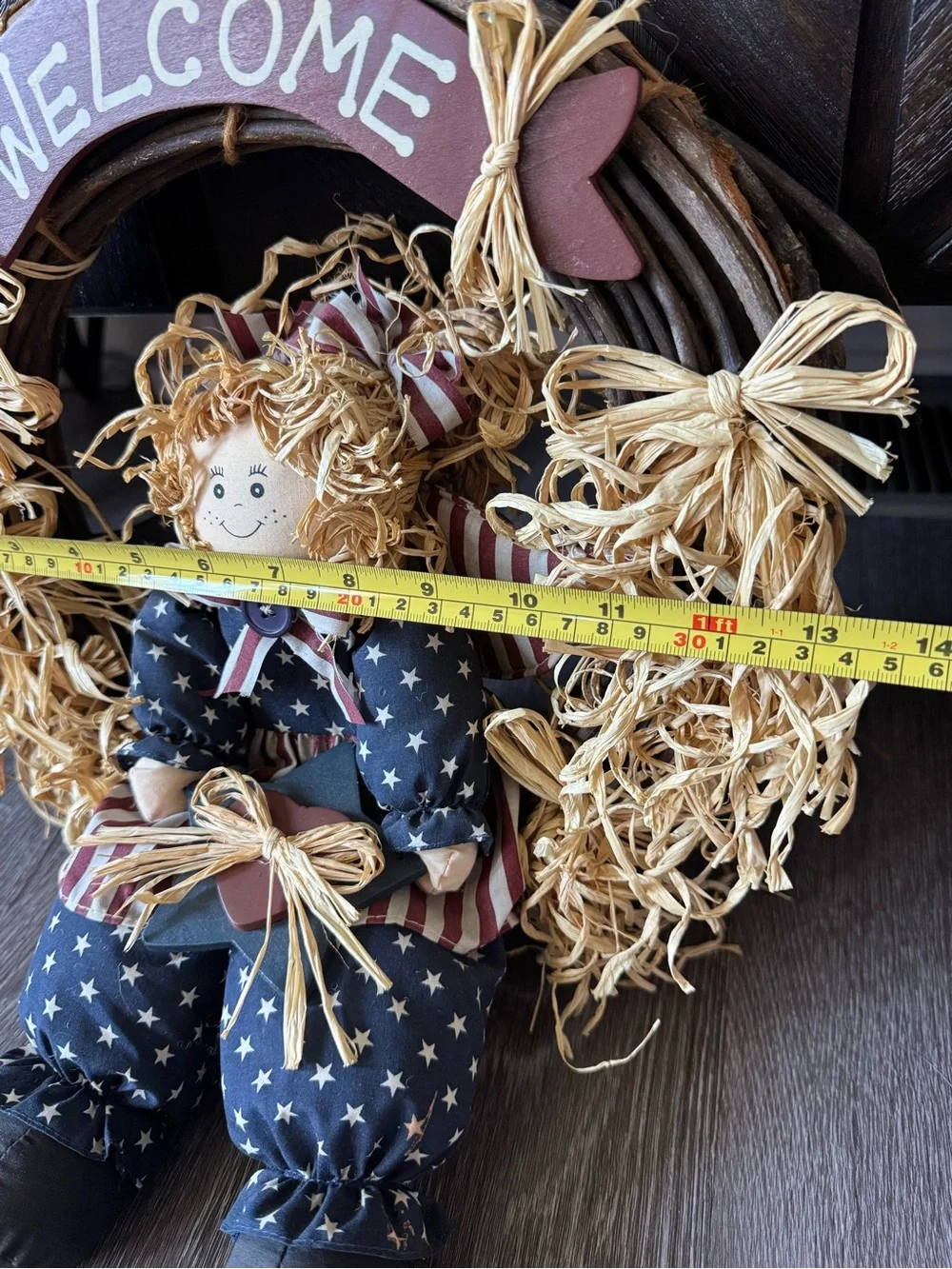 Vintage Folk Art American Doll Door Wreath Stars & Stripes Home Decor Classic